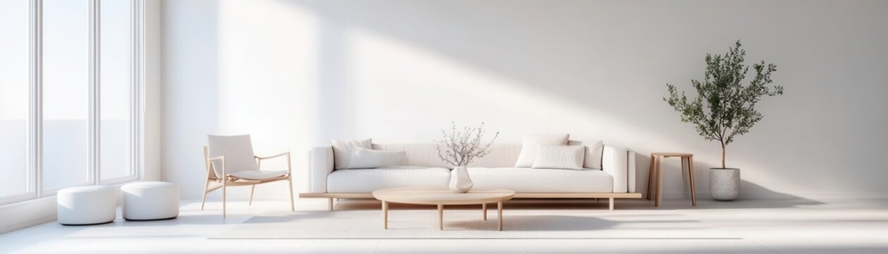Minimalist Scandinavian living room with natural light and stylish decor, wide-angle shot