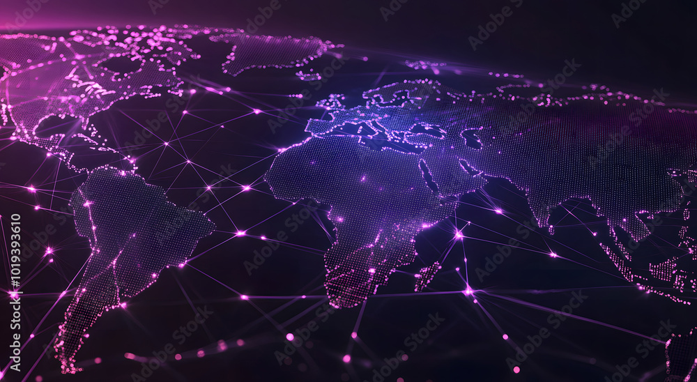 Poster abstract digital map of the world with global network connections design and glowing light rays on a
