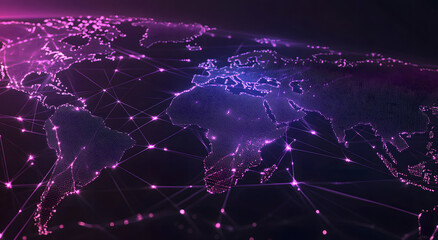 Obraz premium Abstract digital map of the world with global network connections design and glowing light rays on a dark purple background design