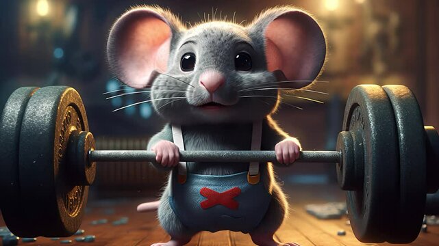 Adorable little mouse lifting weights. Created with Generative AI.