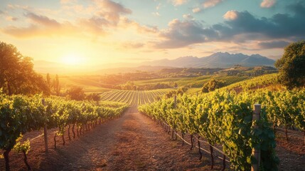 Naklejka premium Scenic vineyard with grapevines and rolling hills, taken at sunrise