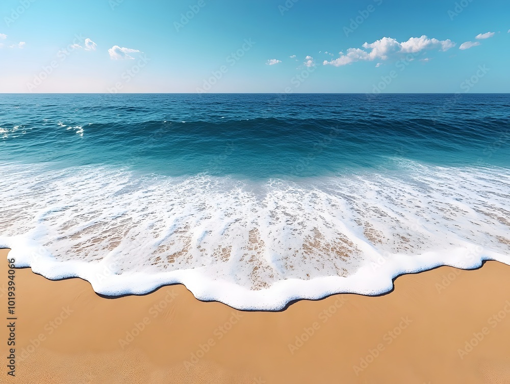 Wall mural the foamy white waves of the ocean gently lap at the edge of a sandy beach, creating a serene and pe