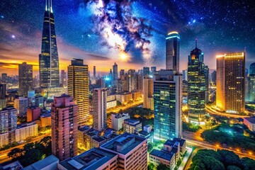 Fototapeta premium Stunning Nighttime Cityscape with Illuminated Skyscrapers and Starry Sky Over Urban Skyline View