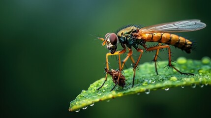Fototapeta premium Close-up of a Fly on a Leaf with Dewdrops
