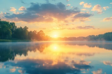 Serene sunrise over a peaceful lake, reflections in the calm water