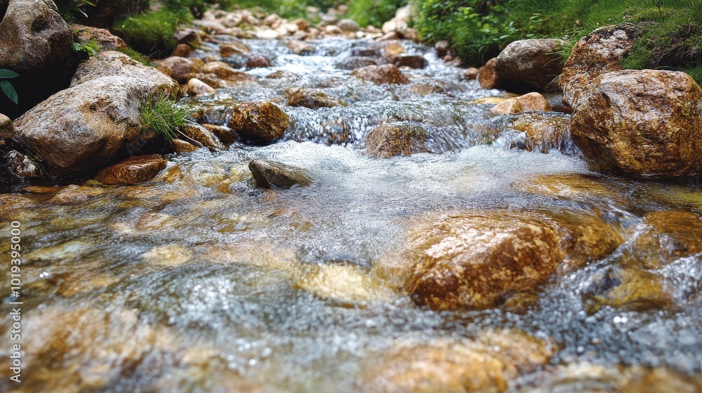 Poster close-up view of a creek flowing over smooth rocks