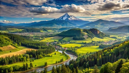 Fototapeta premium Stunning Panorama Point View Overlooking Hood River Valley with Lush Green Landscape and Mountains