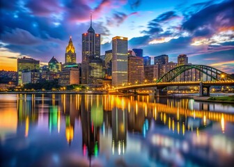 Obraz premium Stunning Pittsburgh Black City Skyline at Dusk with Illuminated Buildings and Reflecting River Scene