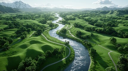 Aerial View of Serpentine River Winding Through Lush Green Hills and Mountains