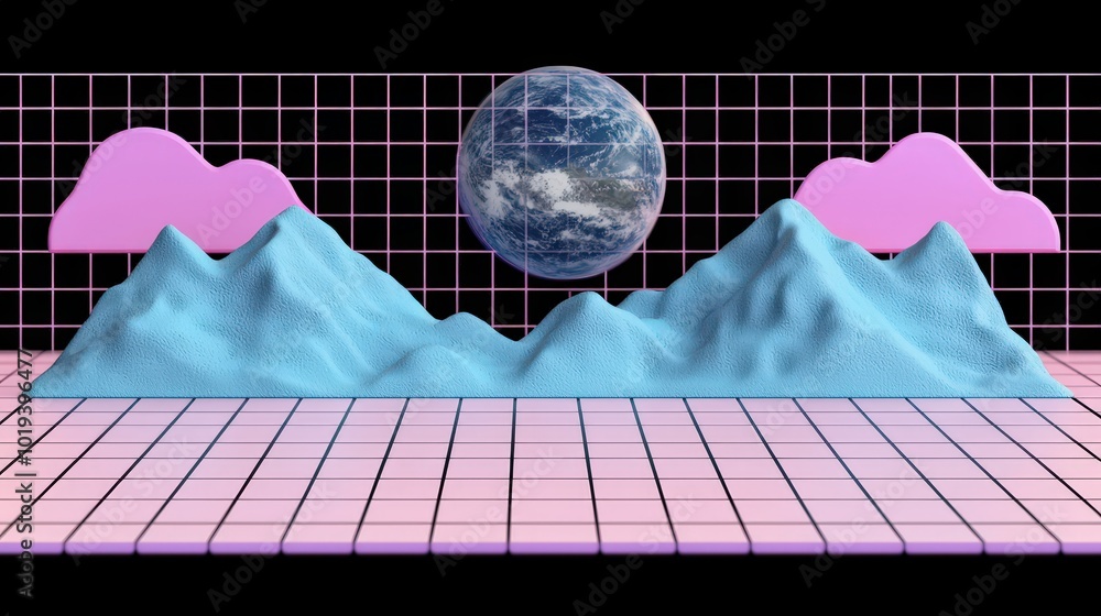 Poster abstract 3d scene with globe mountains and grid retro futuristic design