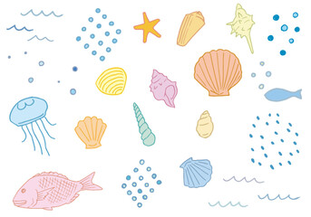 Hand drawn pen drawing illustration set of shells and the sea.(color)