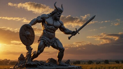 Sculpt Heracles completing his final labor at dusk, set against a golden sunset and vast grasslands, symbolizing victory and glory.