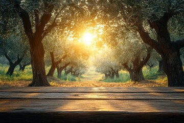 rustic olive grove vista gnarled ancient trees golden hour sunlight wooden table in foreground soft bokeh background mediterranean ambiance artisanal product display warm earthy tones