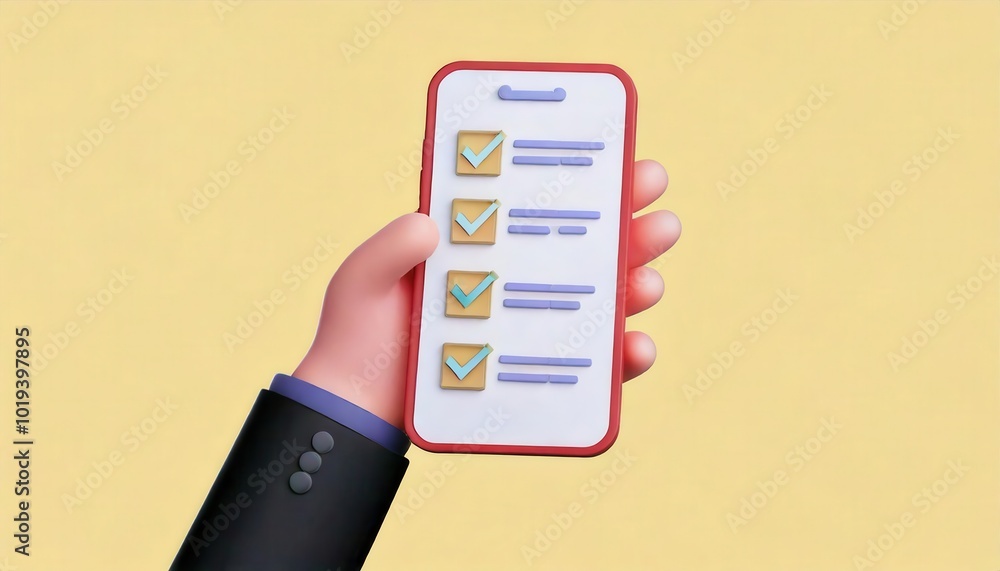 Poster businessperson holding smartphone with digital checklist productivity app interface to do list task 
