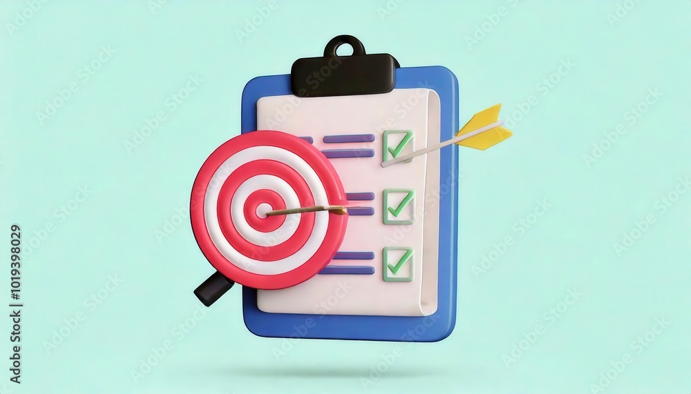 Poster clipboard with dartboard target and checklist for business goals objectives strategy planning and pe