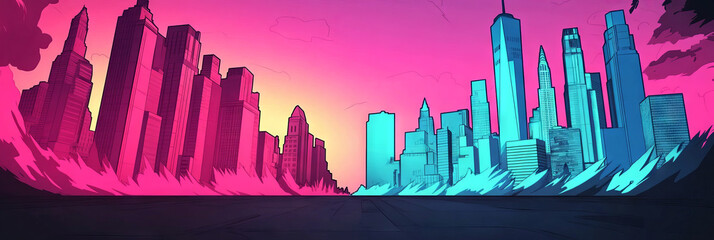 Neon cityscape split into two halves with vibrant pink and blue colors.
