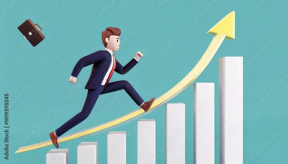 Aufkleber confident businessman running up an ascending bar chart graph with an arrow pointing upwards symboli