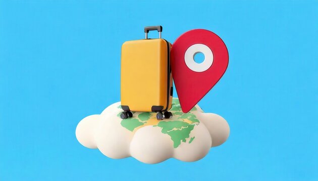 Global travel concept with a yellow suitcase red map pin icon and clouds in a blue sky background representing the journey navigation and of destinations around the world