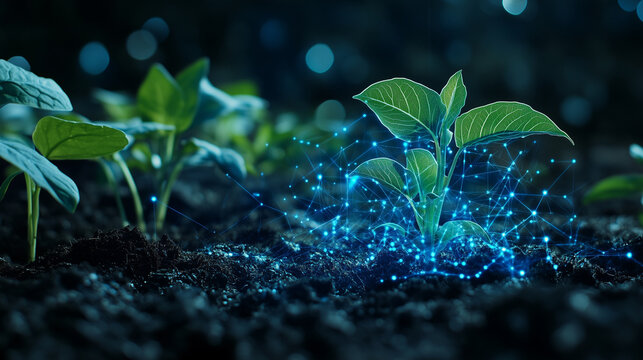 Green plant with blue cyber display of technology smart farming and agrculture innovation concept