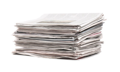 Stack of many newspapers isolated on white