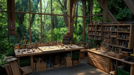 Obraz premium Rustic Wooden Workshop with Tools and Natural Light