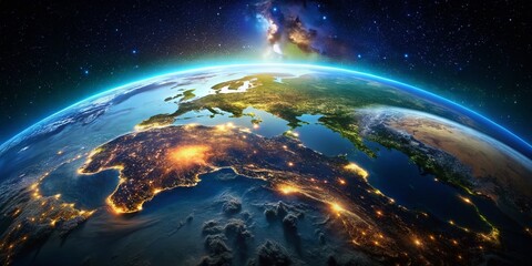 Stunning View of Earth from Space at Night Showcasing City Lights and Natural Landscapes Below