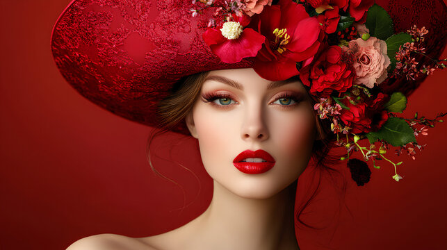 Portrait of a woman with a red hat and red flowers in her hair.