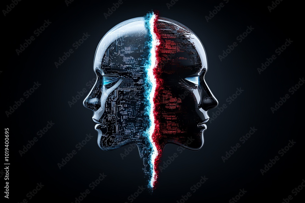 Aufkleber Futuristic image of an artificial intelligence being split between light and dark, with contrasting data streams flowing from each side, representing the dualism of technology