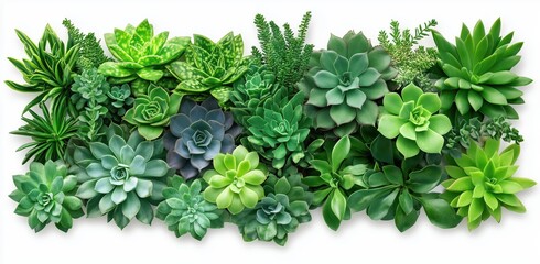 This image showcases a beautifully curated arrangement of diverse vibrant green succulent plants displayed in a decorative indoor planter against a simple empty background  The lush