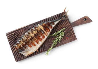 Board with delicious grilled mackerel, peppercorns and rosemary isolated on white, top view
