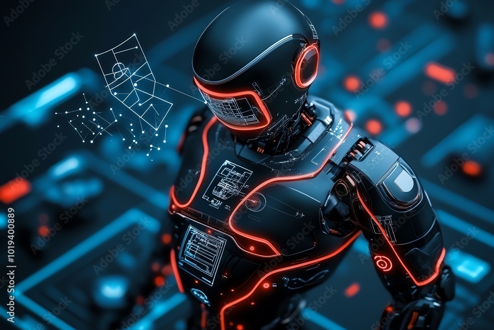 Poster Futuristic image of engineers reverse engineering a robotic exosuit, with digital blueprints floating in the air and advanced tools disassembling the technology