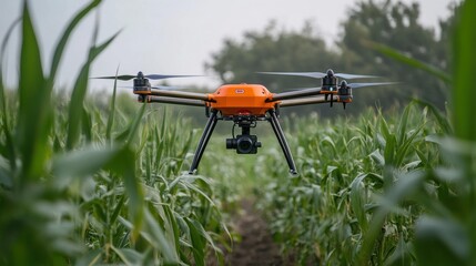 Orange Drone Flying Over Green Cornfield