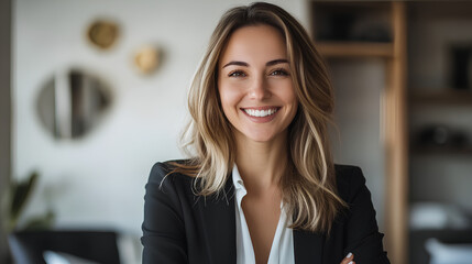 Obraz premium A close-up portrait of a smiling businesswoman in a black blazer.
