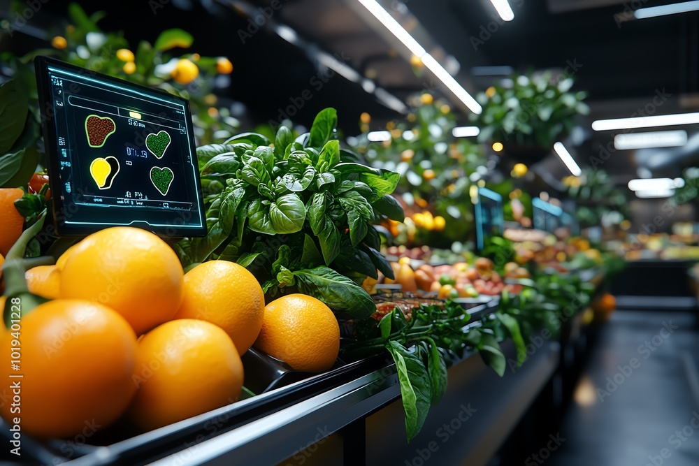 Poster futuristic scene of a health-focused marketplace where digital screens display the antioxidant conte
