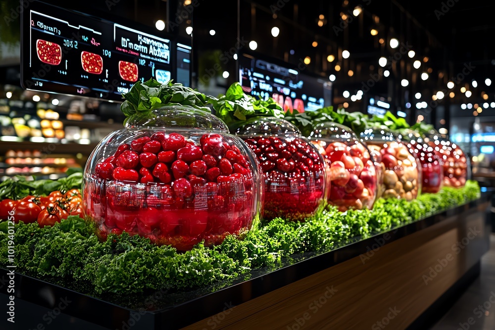 Poster futuristic scene of a health-focused marketplace where digital screens display the antioxidant conte