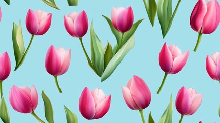 Obraz premium Vibrant pink tulip flowers arranged in a cheerful elegant floral bouquet against a bright turquoise blue background The tulips are in full bloom showcasing their lush petals and vibrant color
