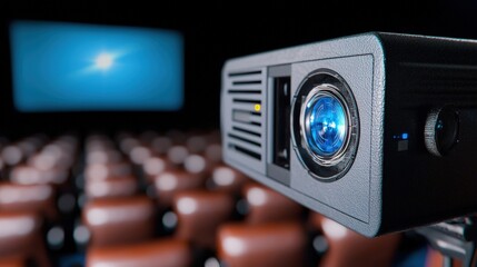 Movie Projector Close Up in Empty Theater with Screen and Seats