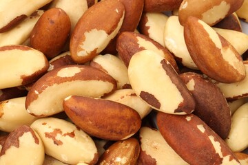 Tasty Brazil nuts as background, top view
