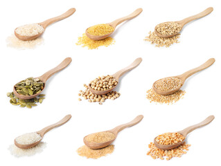 Different cereal grains, seeds and beans in wooden spoons on white background, collection