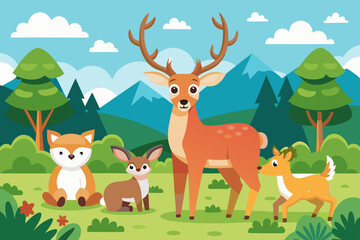  cartoon illustration of wild animals in a spring vector art illustration