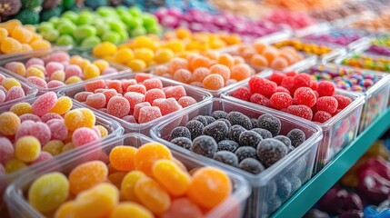 Colorful Assortment of Sugary Candies in Clear Plastic Containers Displayed on a Market Stall