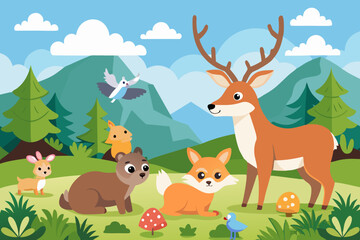 Naklejka premium cartoon illustration of wild animals in a spring vector art illustration