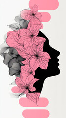 Silhouette of a woman's face adorned with delicate pink flowers.