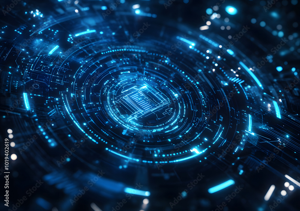 Poster abstract futuristic blue technology background design with digital elements and circuit board lines 