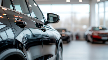 Cropped image of new car in dealers showroom. Detail of luxury car for lease in rent office. Car sales business idea for copy space