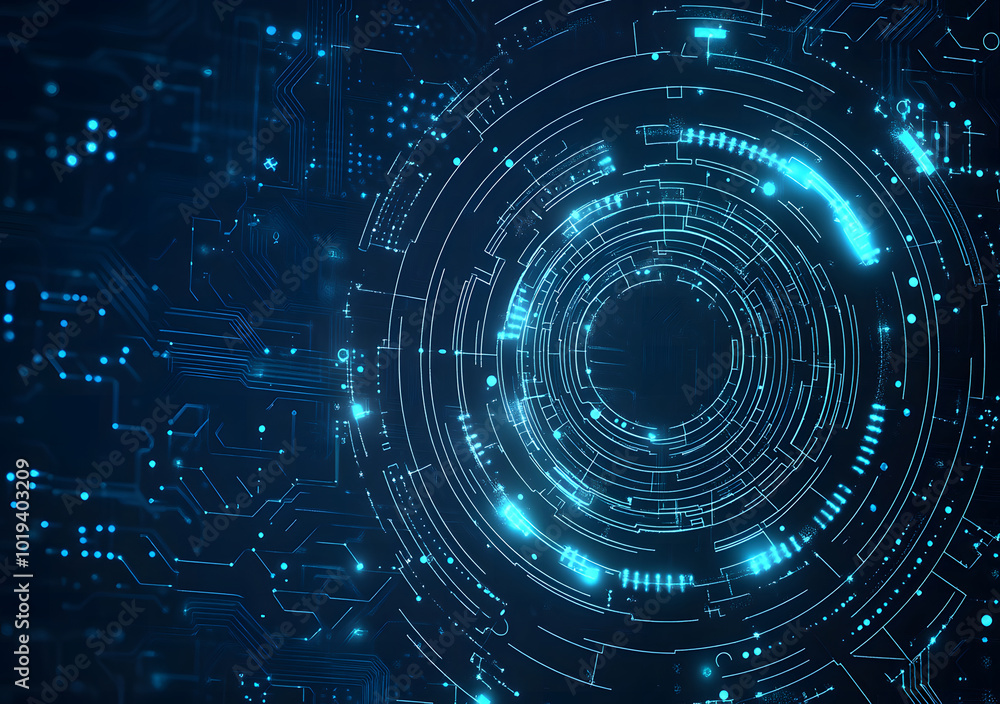 Poster abstract futuristic blue technology background design with digital elements and circuit board lines 