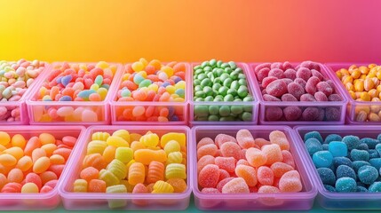 Colorful Assortment of Candy in Plastic Containers Against a Vibrant Gradient Background