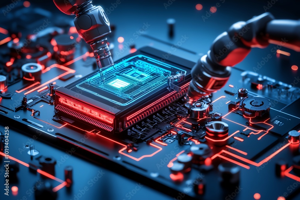 Poster Futuristic scene of an AI-powered reverse engineering process, with robotic arms disassembling a device while a digital interface maps out its components in real-time