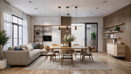 a modern living room with a brown and white color scheme warm vibes with diningroom and living room