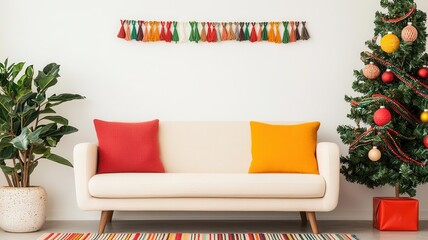 A bohemian living room with eclectic Christmas decorations, featuring handmade ornaments, colorful garlands, and a creative tree   boho Christmas, vibrant decor